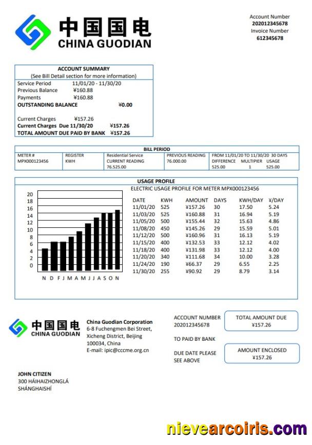 China Guodian Corporation electricity utility bill